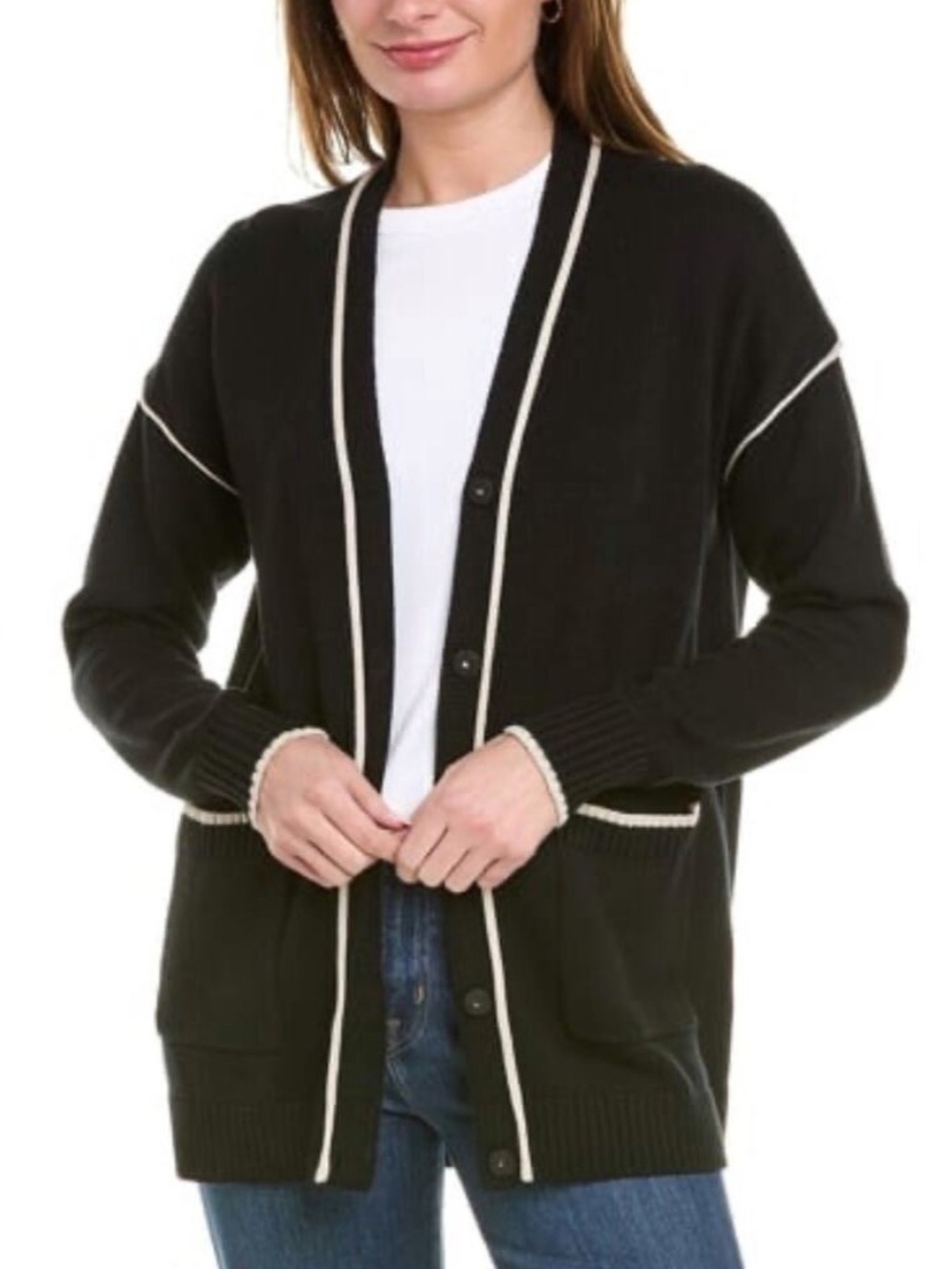 CAbi Comfort Cardigan Black Ivory Piped V-Neck Snap Front Sweater XL